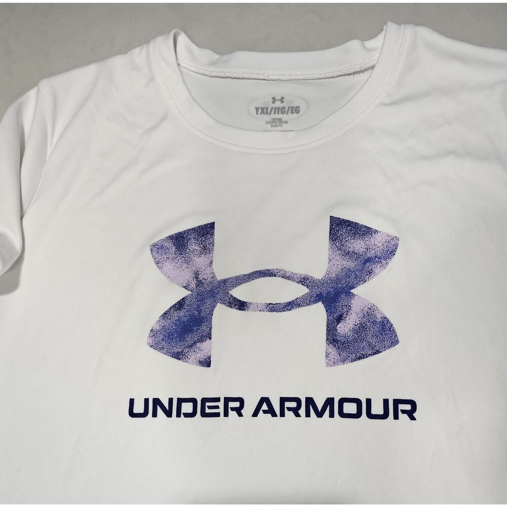 Under Armour Women’s White HeatGear Graphic Logo Athletic T-Shirt YXL Loose Fit